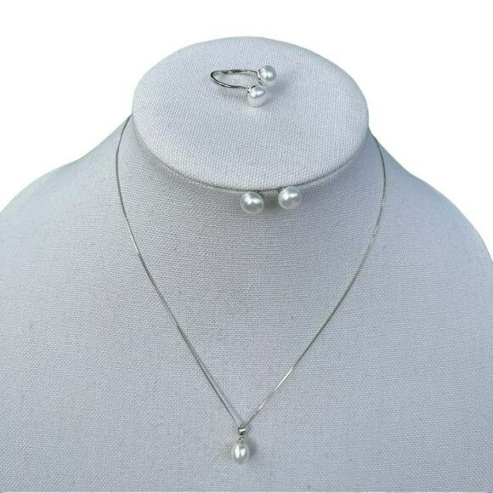 925 Sterling Silver Cultured White Freshwater Pearl Necklace Ring Earring Set‎